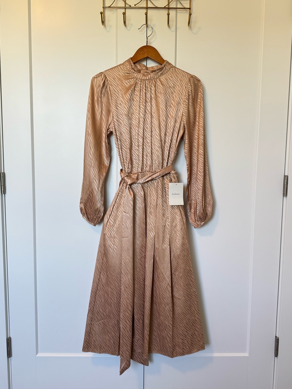 bohme Blush-Tan Long Sleeve Midi Dress with Waist Tie - Picture 13 of 13